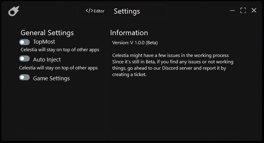 Celestia Settings Interface